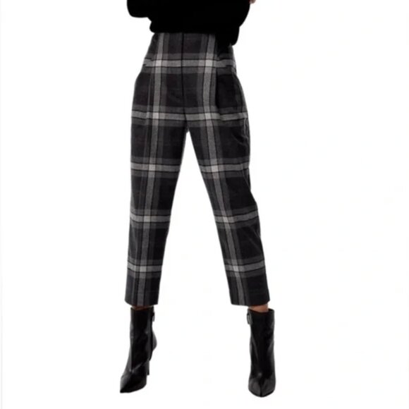 Aritzia Wilfred Chambéry Black & Grey Check Wool Blend Cropped Pants - Picture 1 of 8